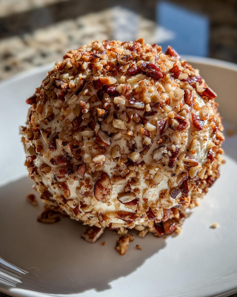 A perfectly formed Holiday cheese ball coated entirely in chopped pecans, sitting on a white plate.