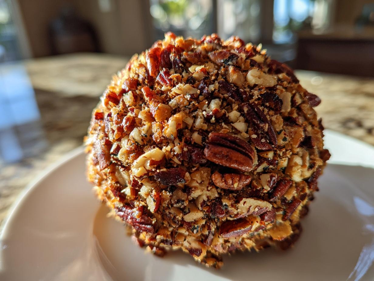 A close-up of a perfectly formed Holiday cheese ball completely coated in chopped and whole pecans.