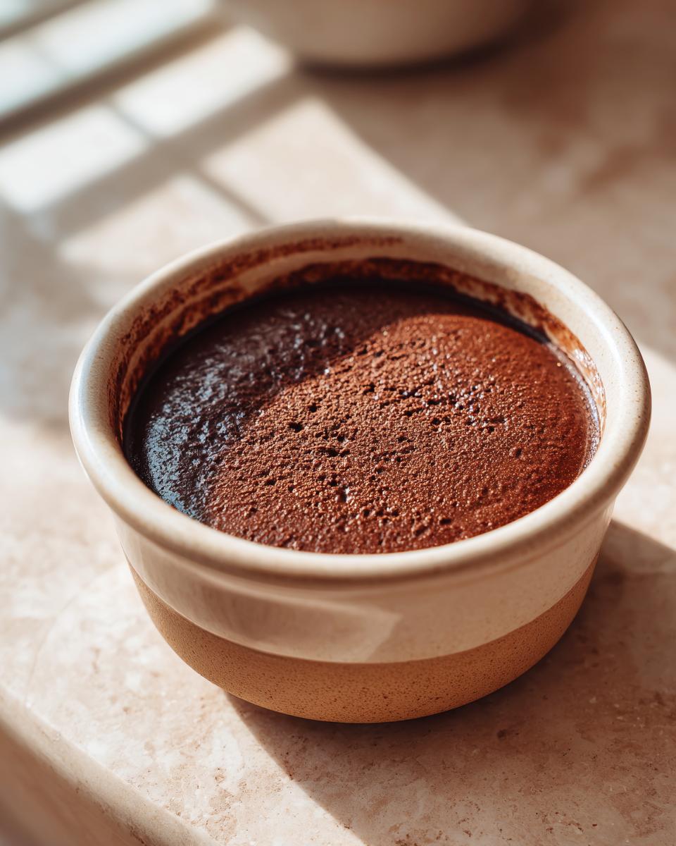 A close-up of rich homemade chocolate pudding dusted with cocoa powder in a ceramic ramekin.