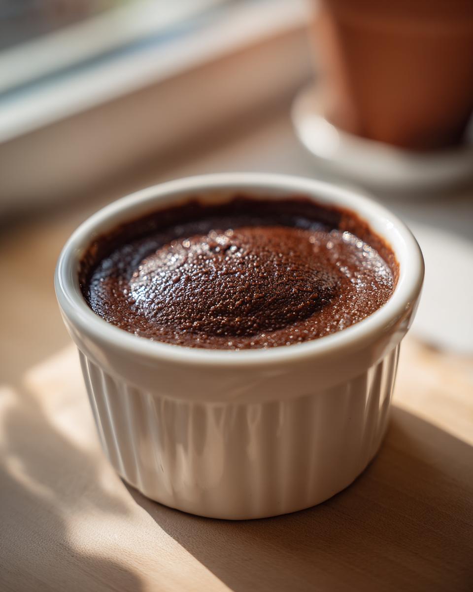 Close-up of rich, dark homemade chocolate pudding served in a white fluted ramekin.
