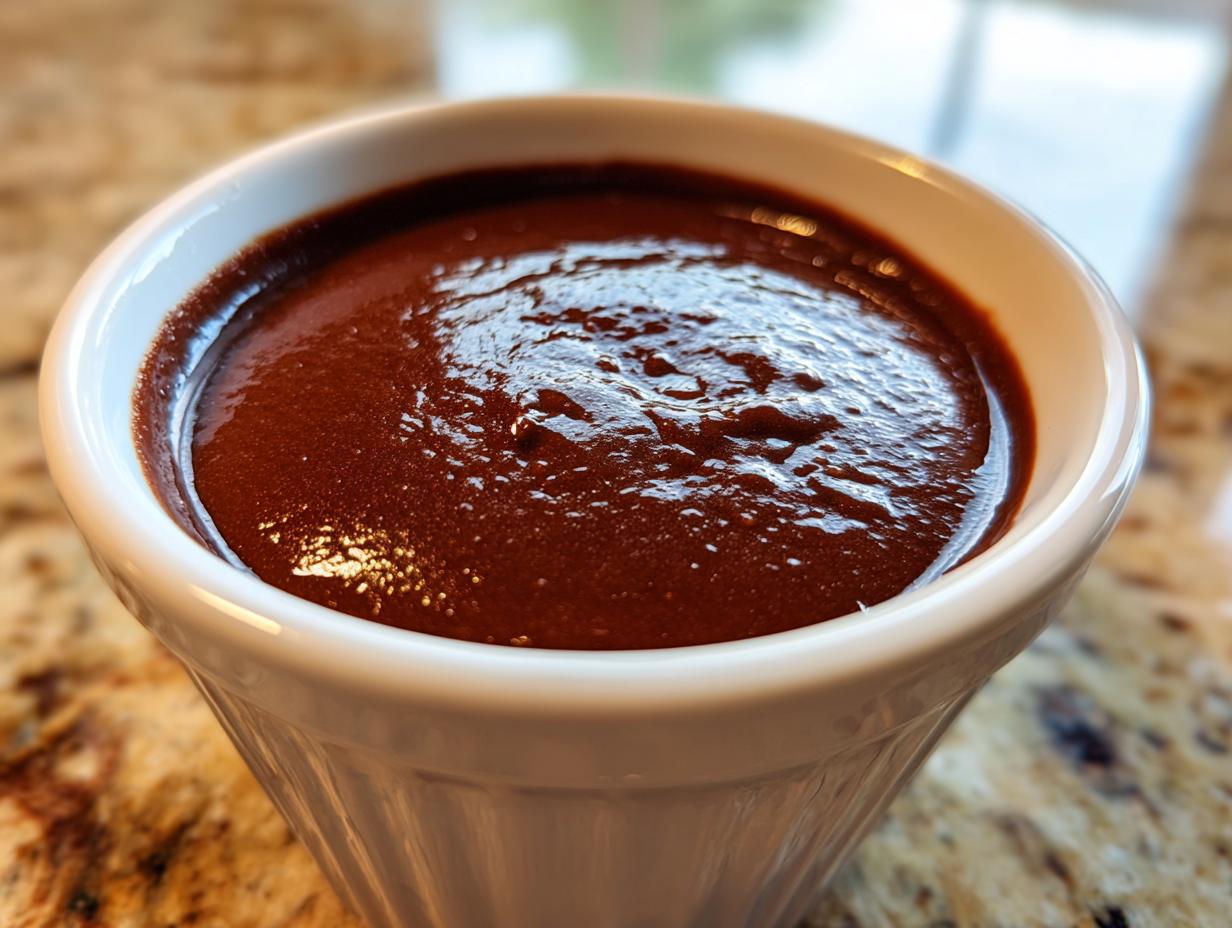Close-up of rich, dark homemade chocolate pudding filling a white, fluted ramekin.