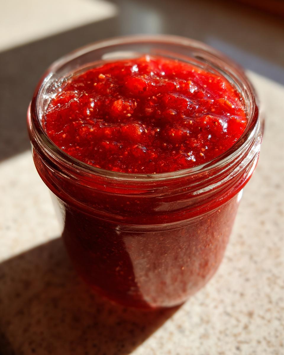 A close-up shot of vibrant, thick red homemade christmas jam filling a clear glass jar, catching bright sunlight.