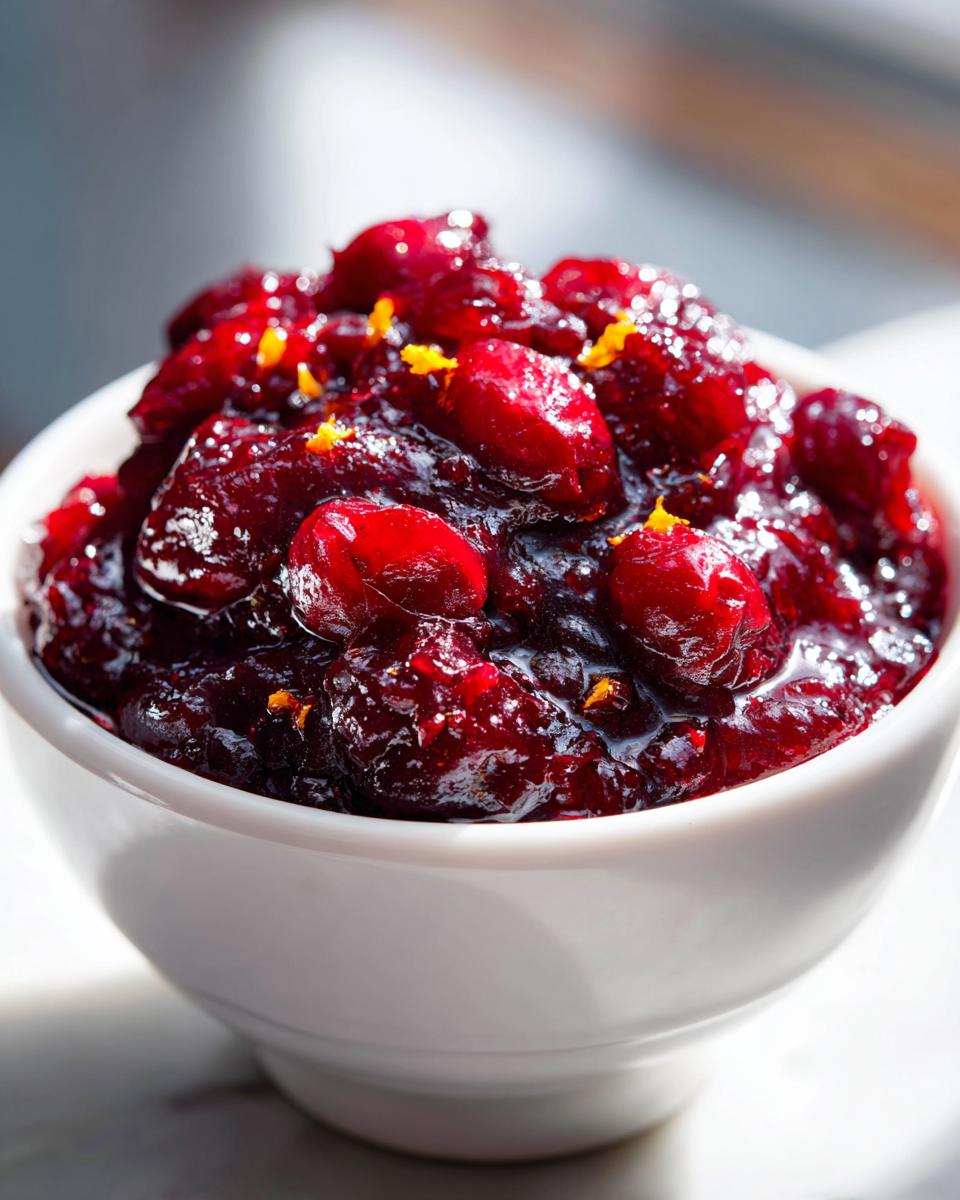 Close-up of chunky homemade cranberry sauce in a white bowl, garnished with orange zest.