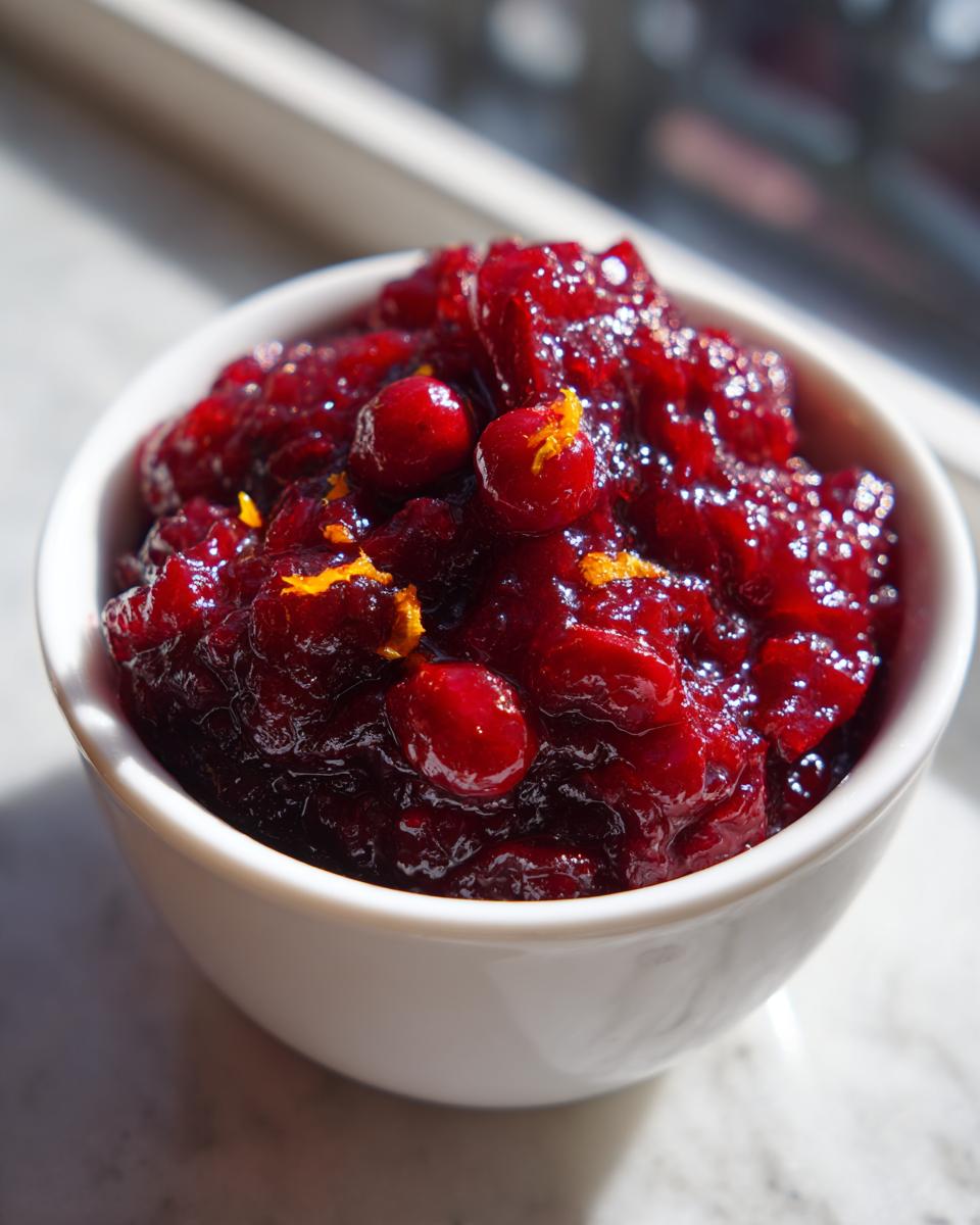 Close-up of homemade cranberry sauce with whole berries and orange zest in a white bowl.