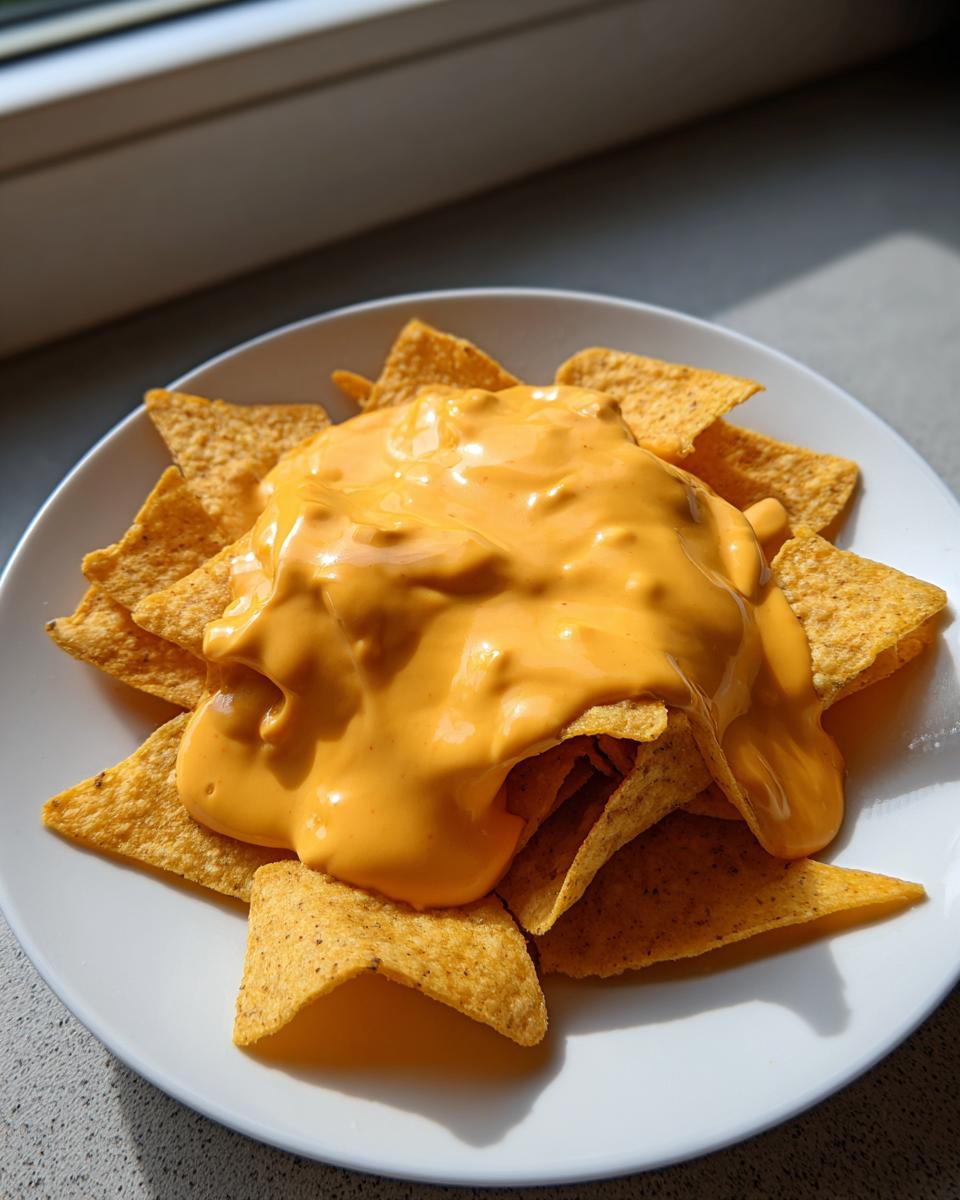 A white plate piled high with tortilla chips smothered in thick, bright orange homemade nacho cheese sauce.