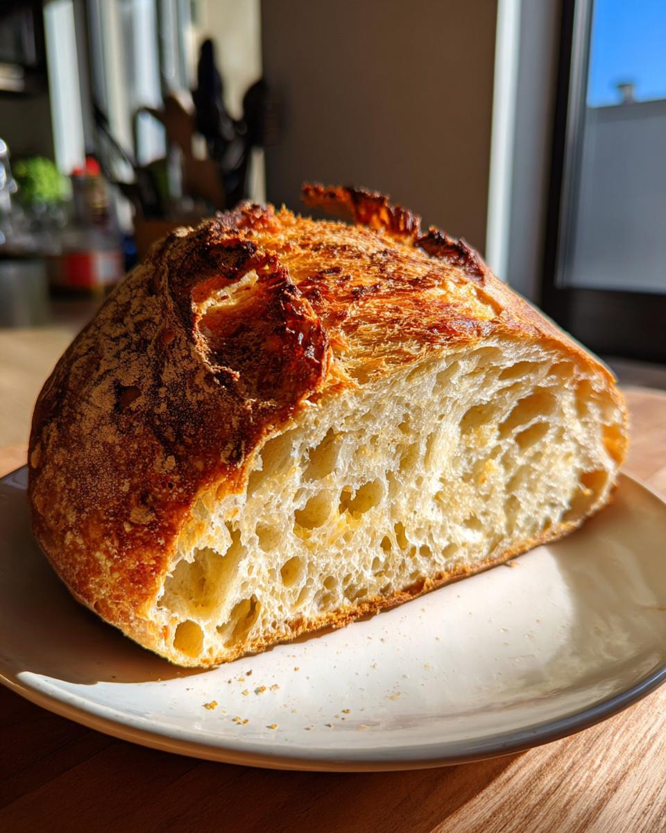 Close-up of a freshly baked Italian bread loaf, showing a dark, crispy crust and an open, airy crumb structure.