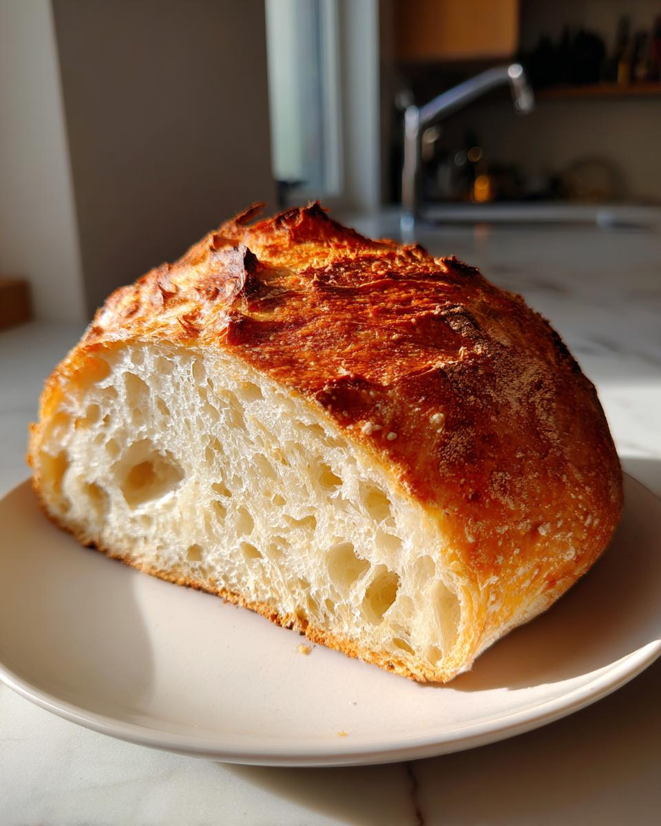 Close-up of a freshly baked Italian bread loaf cut in half, showing the airy crumb and golden-brown crust.