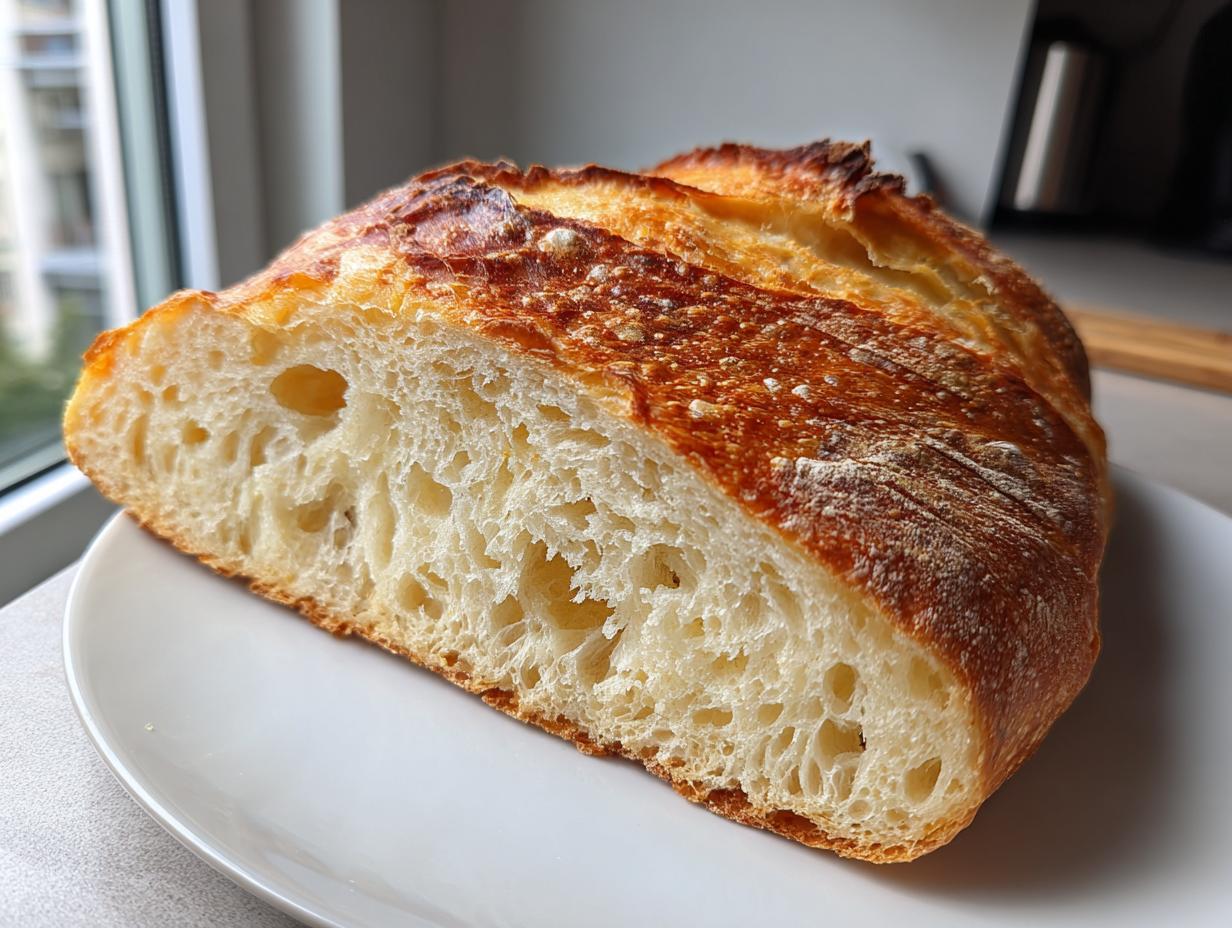Close-up of a freshly baked Italian bread loaf cut in half, showing a beautiful open, airy crumb structure.