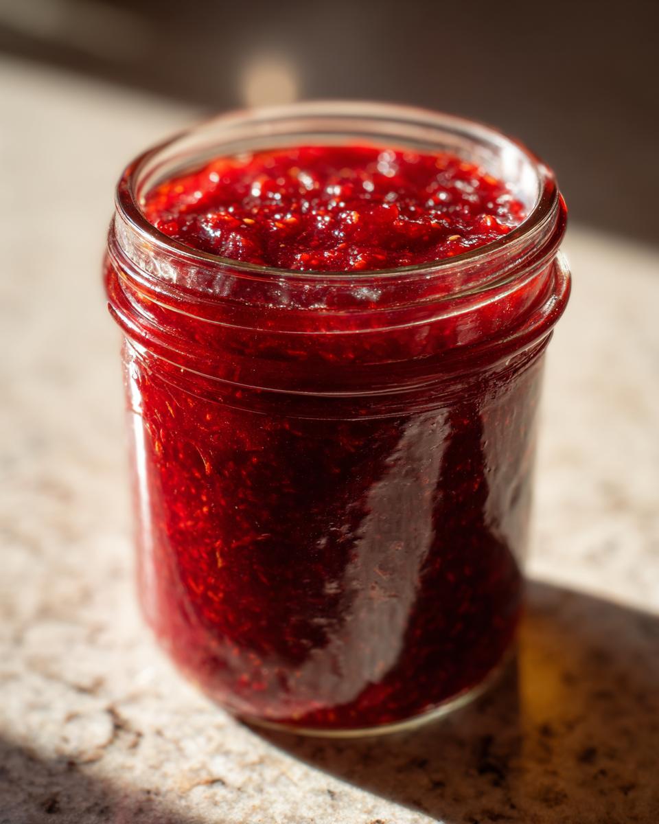 Close-up of a glass jar filled with vibrant, textured red christmas jam, catching the sunlight.