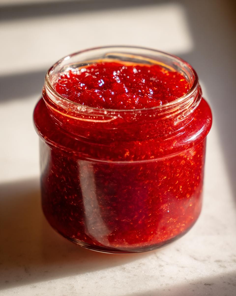 Close-up of a glass jar filled with vibrant, sparkling red christmas jam, catching the sunlight.