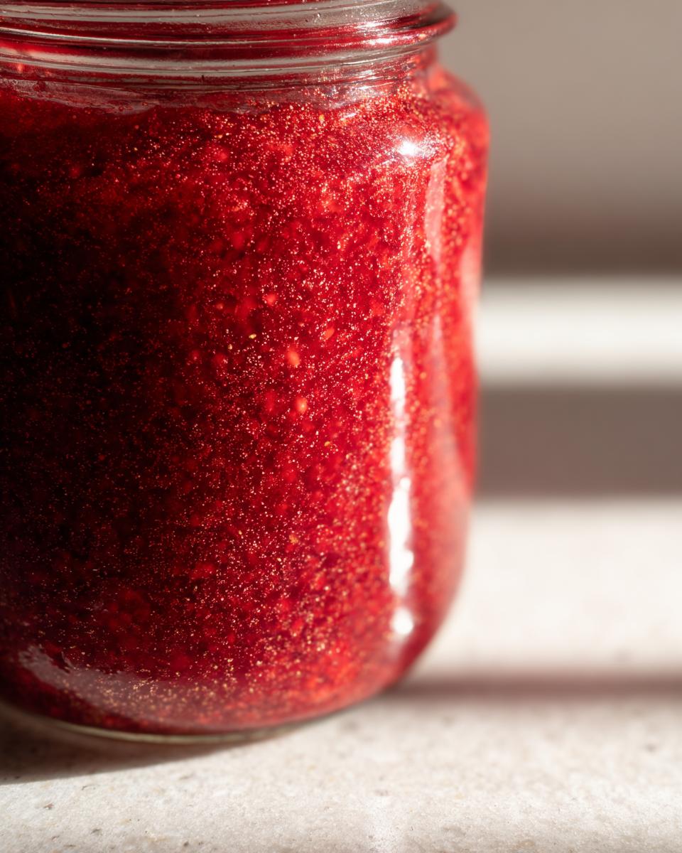 Close-up of a glass jar filled with vibrant, sparkling red homemade christmas jam.