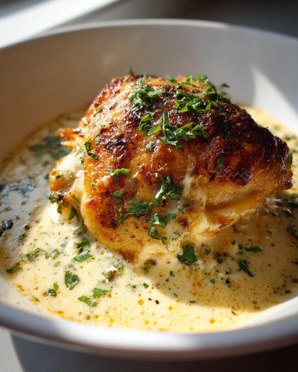 Close-up of a crispy-skinned chicken thigh resting in a rich, creamy sauce, garnished with fresh parsley.