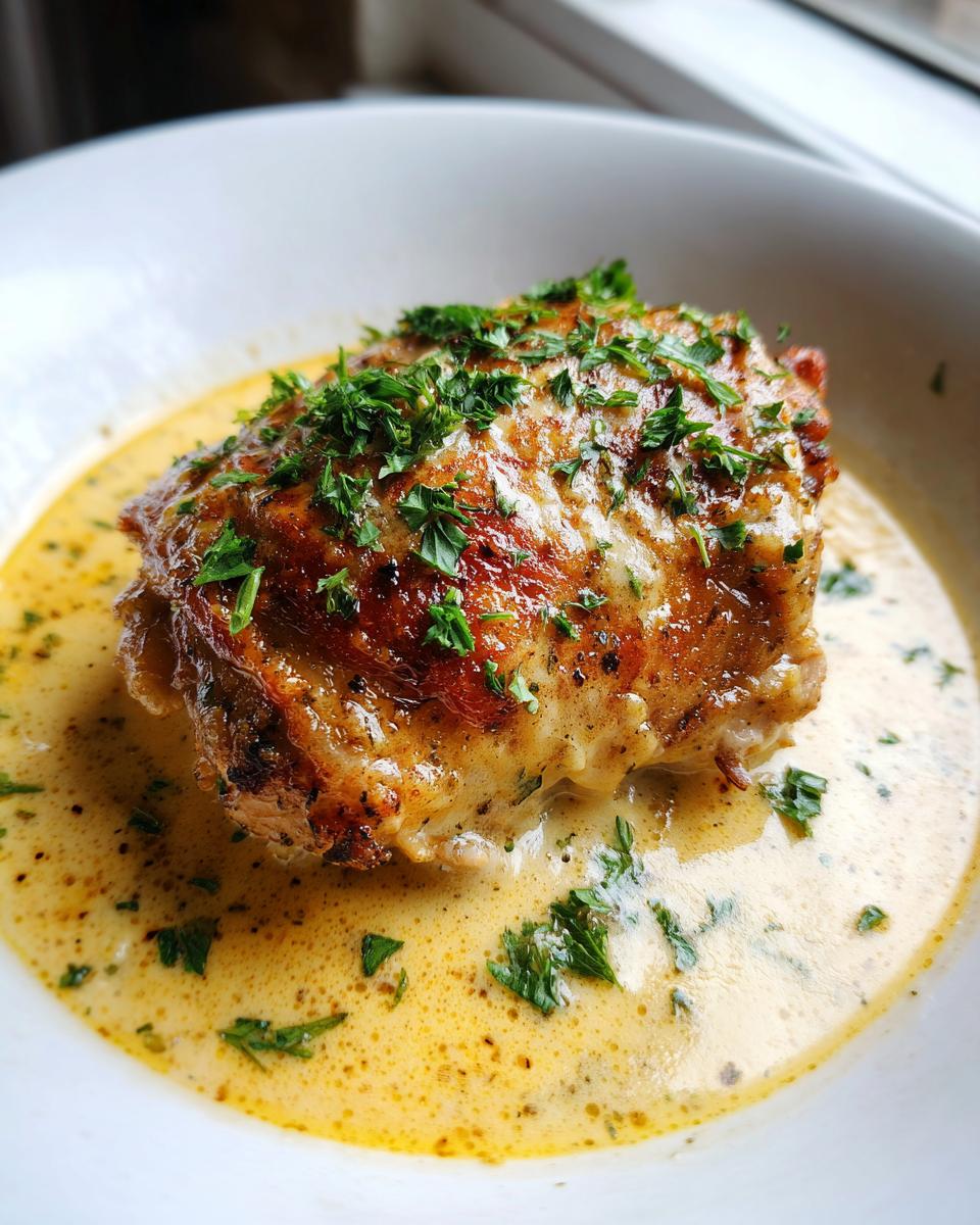 Close-up of a perfectly baked chicken thighs piece topped with fresh parsley, resting in a rich, creamy sauce.