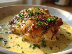 Close-up of a crispy-skinned baked chicken thighs piece resting in a rich, creamy yellow sauce, garnished with parsley.