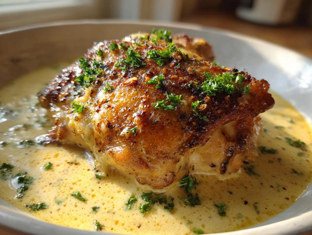 Close-up of a crispy-skinned baked chicken thighs piece resting in a rich, creamy yellow sauce, garnished with parsley.