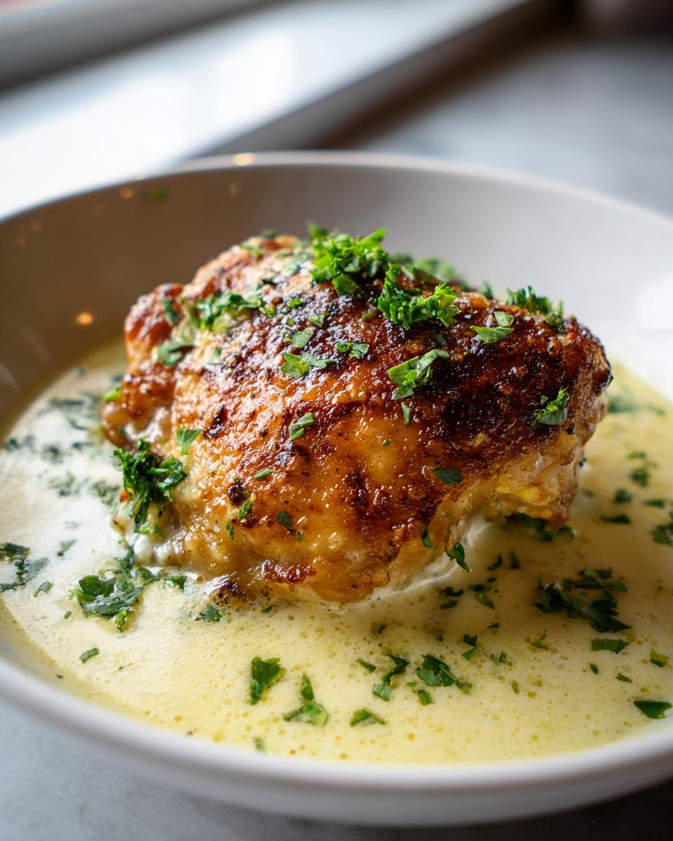 Close-up of a perfectly baked chicken thighs with crispy skin, resting in a creamy white sauce and garnished with parsley.