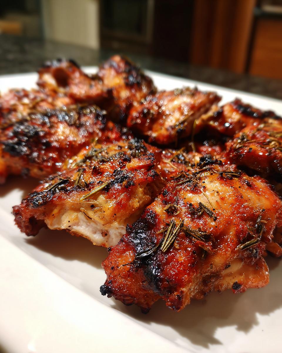 Close-up of perfectly grilled chicken pieces coated in a flavorful chicken marinade, garnished with rosemary.