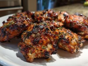Close-up of perfectly grilled chicken pieces coated in a flavorful chicken marinade, showing char marks and herbs.