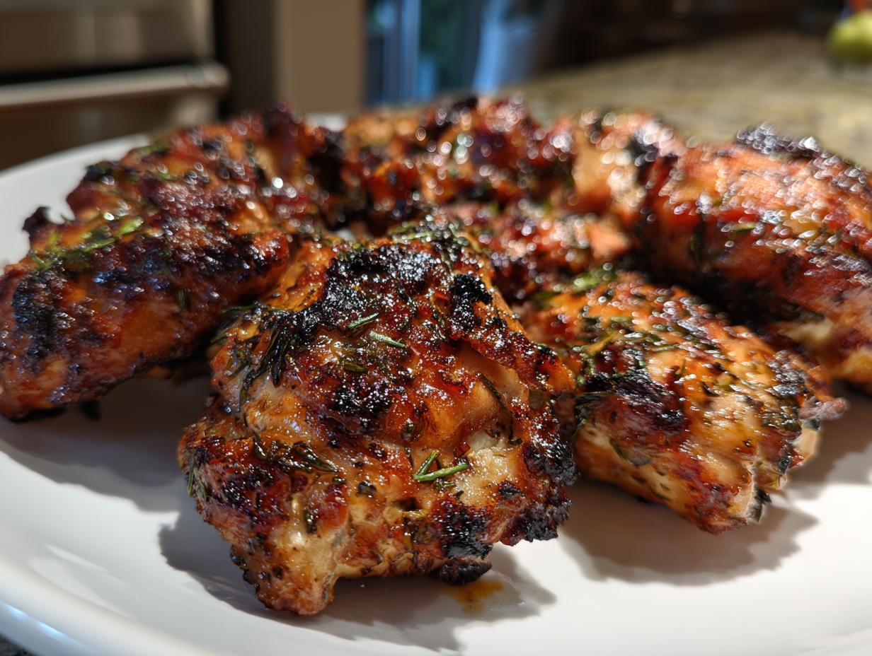 Close-up of perfectly grilled chicken pieces coated in a flavorful chicken marinade, showing char marks and herbs.