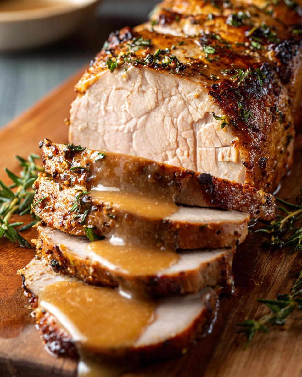 Close-up of a perfectly cooked pork loin roast, sliced and drizzled with brown gravy and herbs.