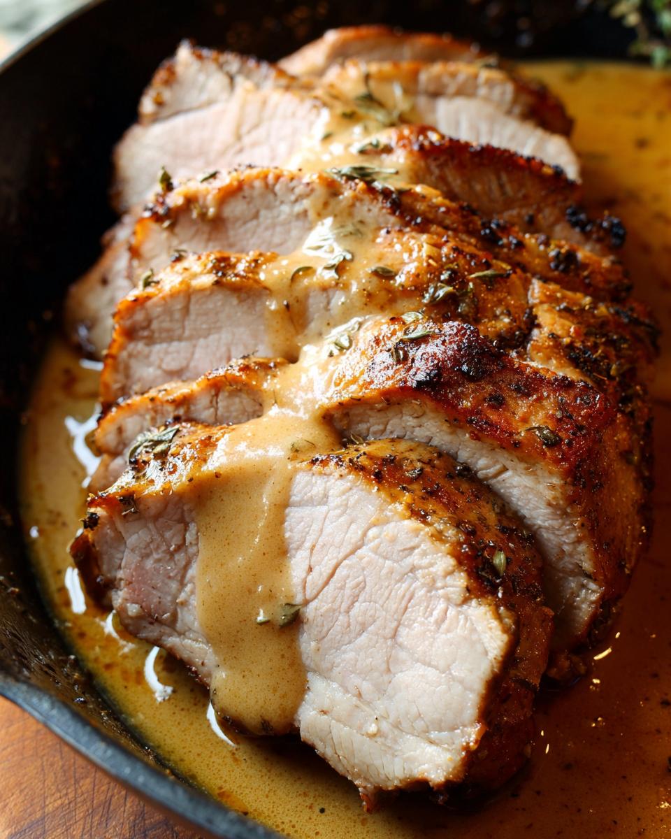 Close-up of perfectly cooked, sliced pork loin roast drizzled with savory pan gravy and herbs.