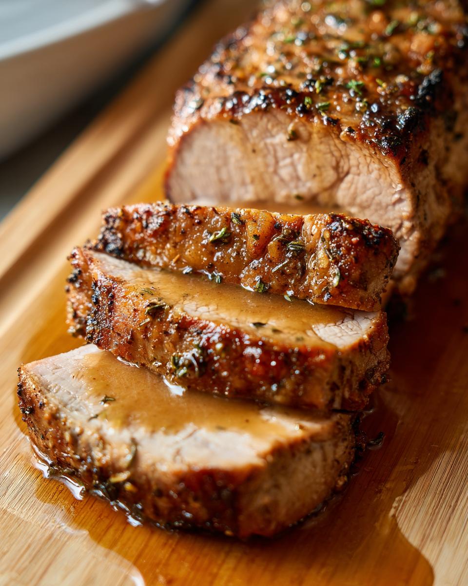 Close-up of a perfectly cooked pork loin roast, sliced and drizzled with savory pan juices.
