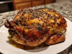 A whole, juicy roasted chicken with crispy, herb-covered skin resting on a white plate.