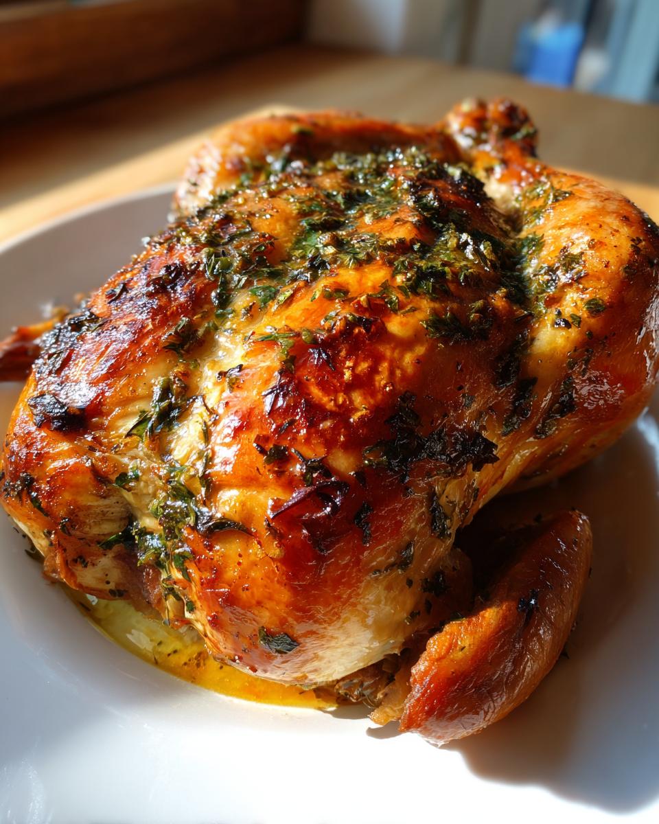 A beautifully golden brown roasted chicken, glistening with juices and topped with fresh green herbs.