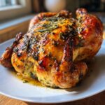 A whole, juicy roasted chicken with crispy, golden-brown skin seasoned with rosemary and thyme.