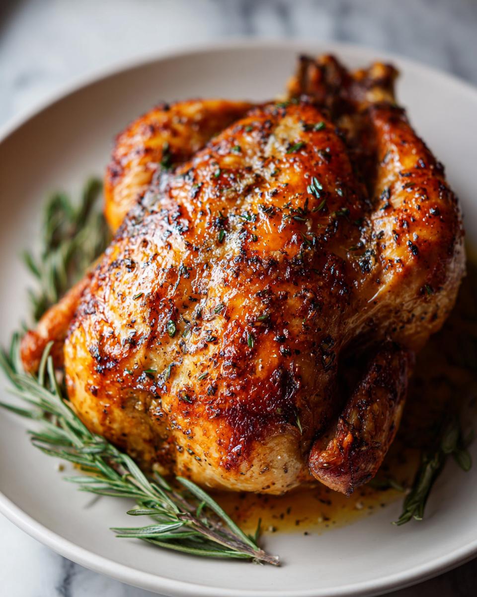 A beautifully golden brown, juicy roasted chicken seasoned with herbs, resting on a white plate with fresh rosemary sprigs.