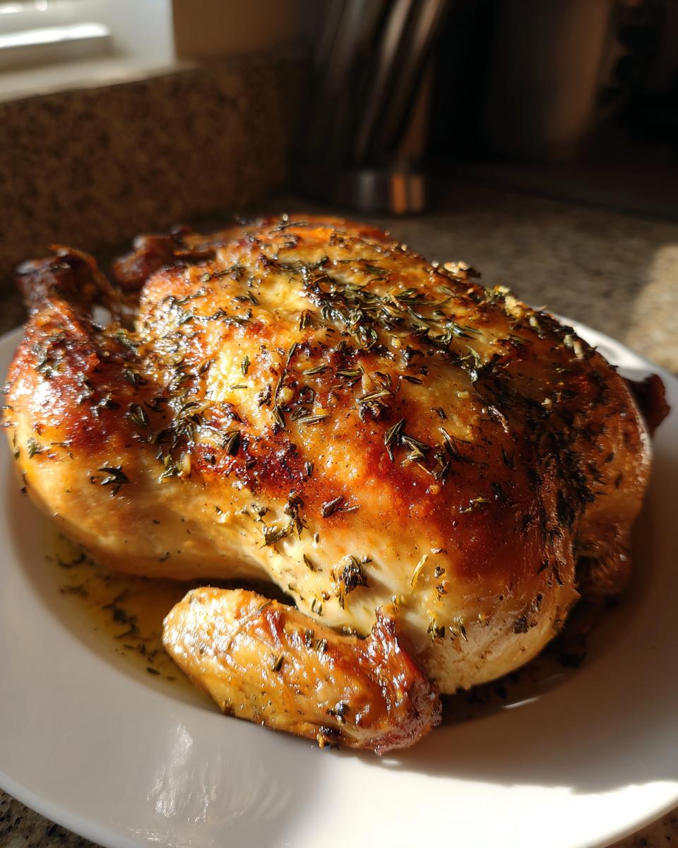A whole, golden-brown roasted chicken seasoned with herbs resting on a white plate.