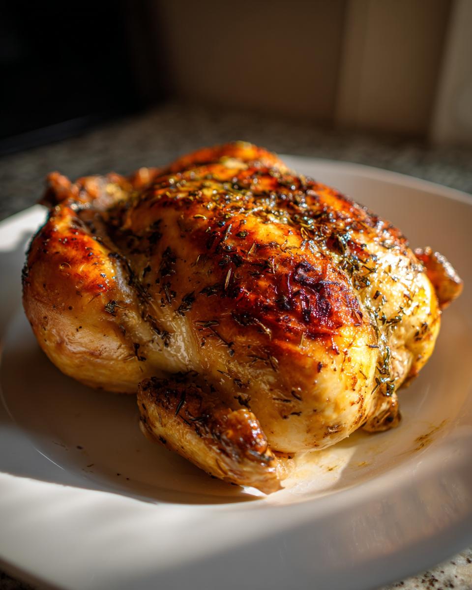 A whole, beautifully browned roasted chicken seasoned with herbs resting on a white plate.