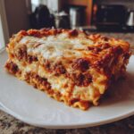 A thick, delicious slice of lasagna with cottage cheese, meat sauce, and melted cheese topping.