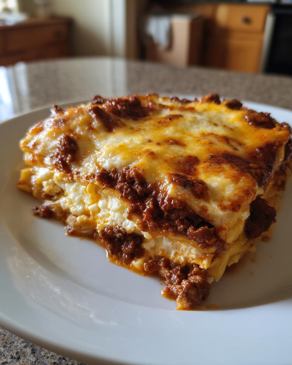 A close-up slice of lasagna with cottage cheese layers and a browned, cheesy top, served on a white plate.