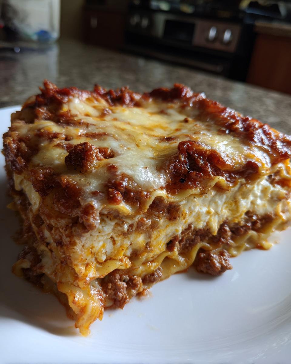 A close-up of a hearty slice of Lasagna with Cottage Cheese, showing layers of pasta, meat sauce, and melted cheese.