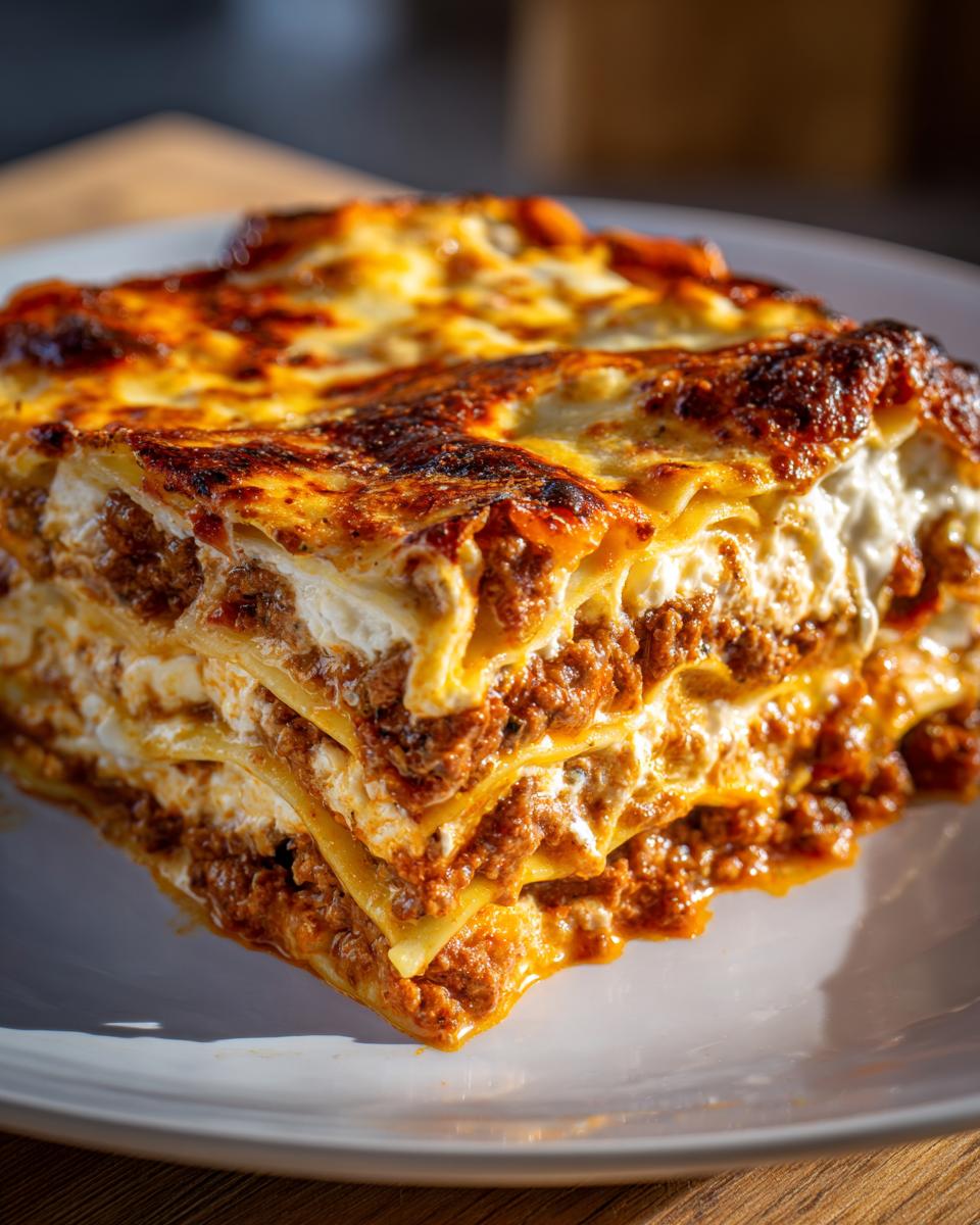 A close-up of a thick, layered slice of Lasagna with Cottage Cheese showing browned cheese topping and rich meat sauce.