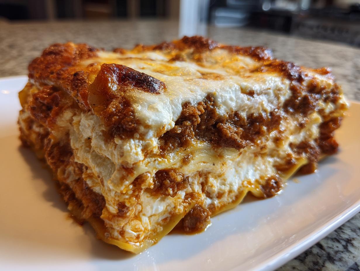 Close-up of a thick, layered slice of Lasagna with Cottage Cheese, featuring rich meat sauce and a browned, bubbly cheese top.