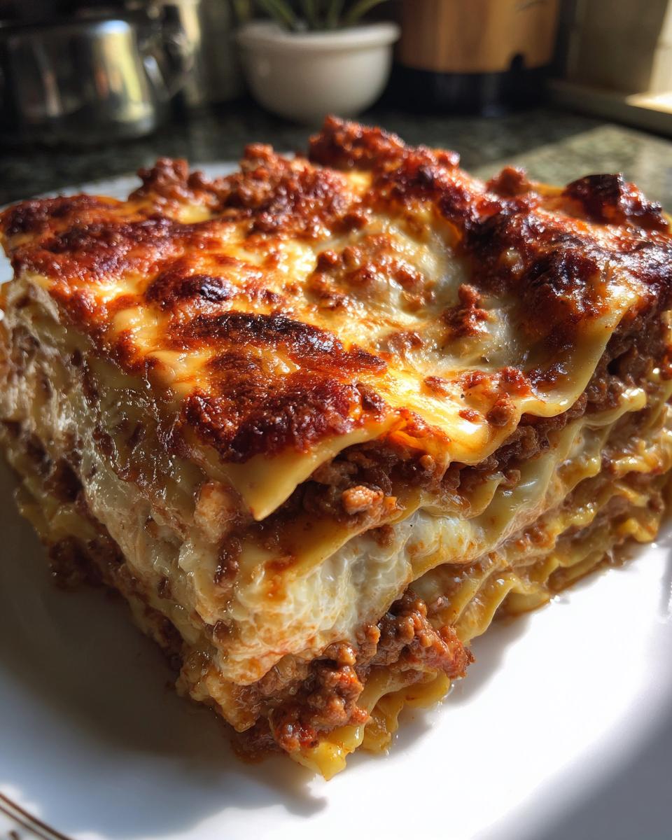 A thick, layered slice of Lasagna with Cottage Cheese featuring a rich meat sauce and a bubbly, browned cheese topping.