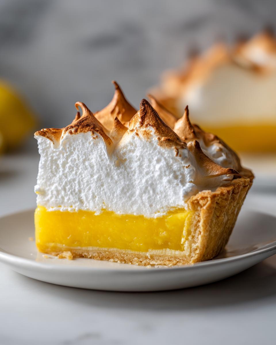 A close-up view of a slice of lemon meringue pie showing the thick, bright yellow lemon curd, white meringue peaks, and toasted tips.