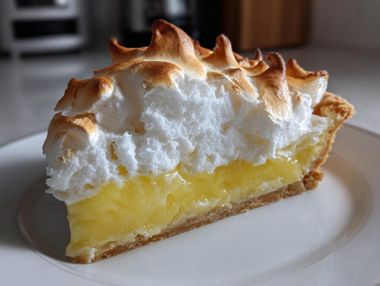 A close-up slice of lemon meringue pie showing thick, bright yellow filling and tall, torched meringue peaks.