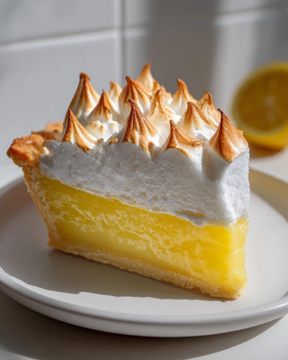 Close-up of a slice of lemon meringue pie showing bright yellow filling and tall, toasted meringue peaks.