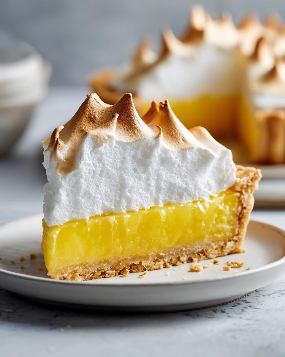 A tall slice of lemon meringue pie showing bright yellow curd, flaky crust, and dramatic peaks of toasted meringue.