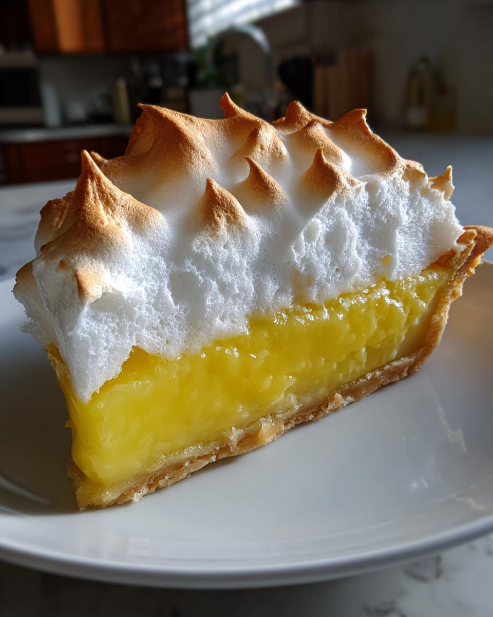 A perfect slice of lemon meringue pie showing bright yellow filling and tall, toasted meringue peaks.