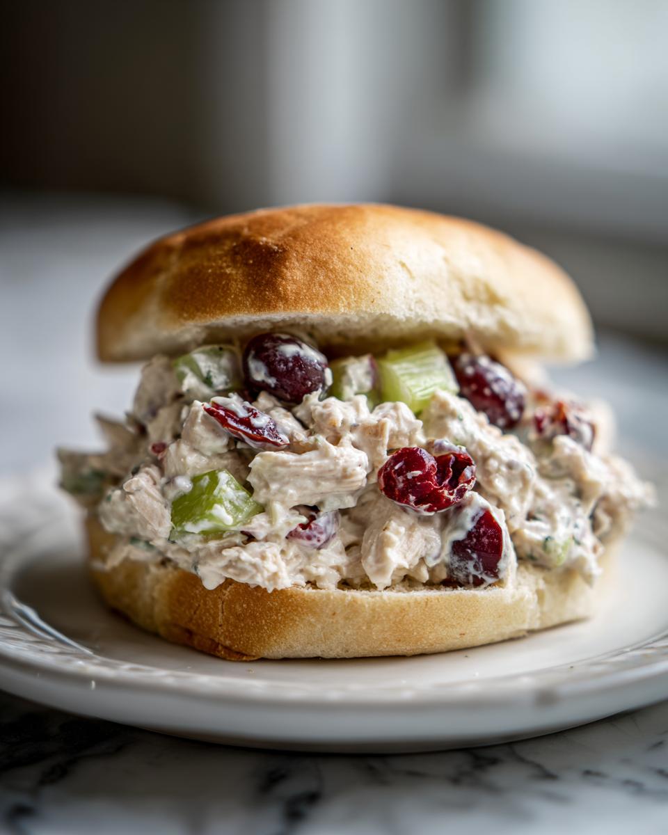 A generous serving of chicken salad sandwich filling with cranberries and celery on a soft roll.