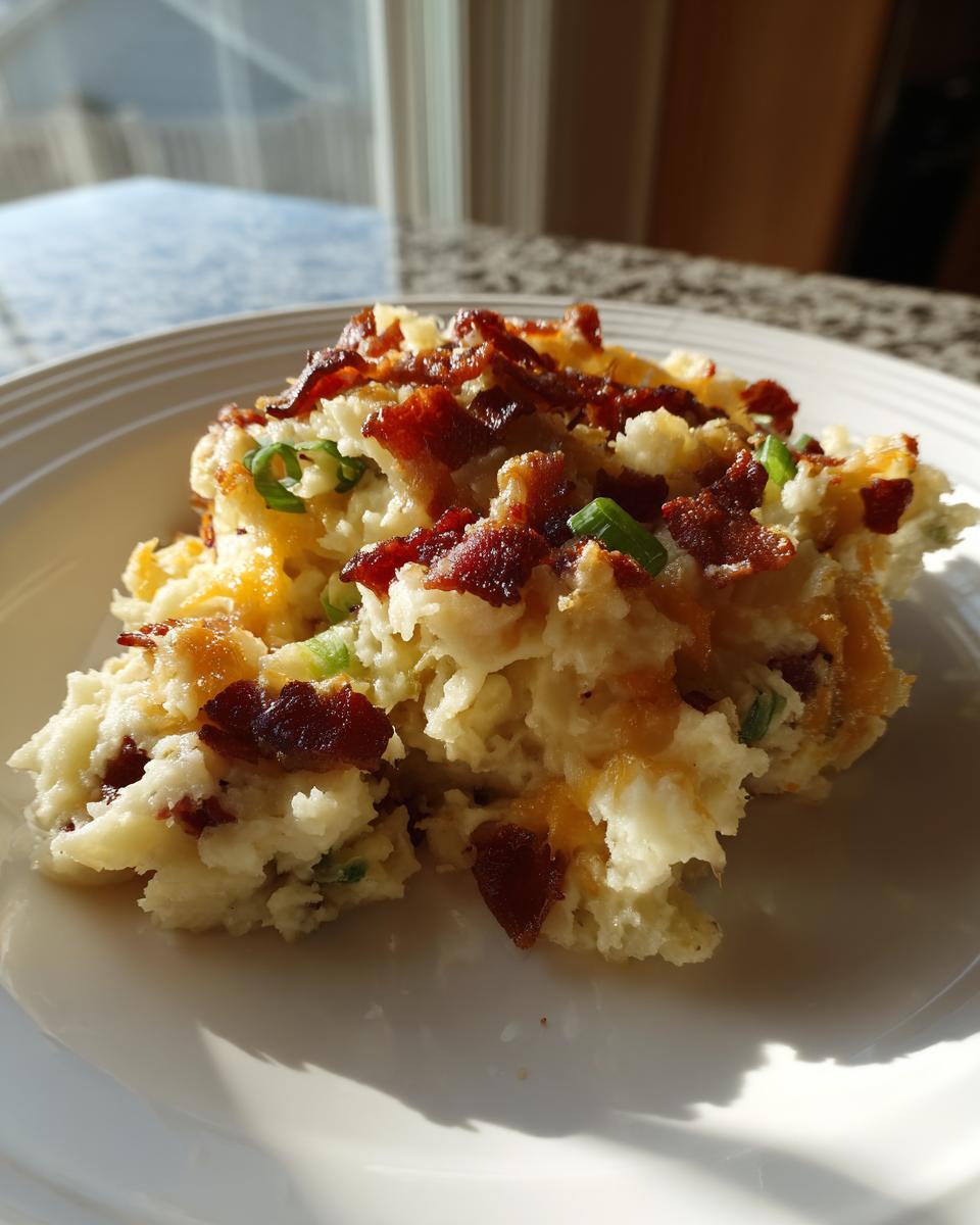 A scoop of loaded mashed potato casserole topped with crispy bacon bits and green onions on a white plate.