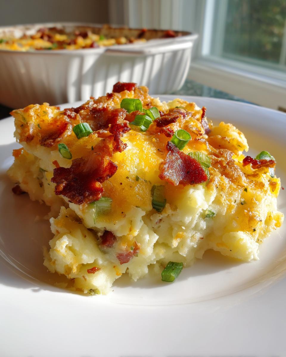 A generous slice of loaded mashed potato casserole topped with melted cheese, bacon bits, and green onions on a white plate.