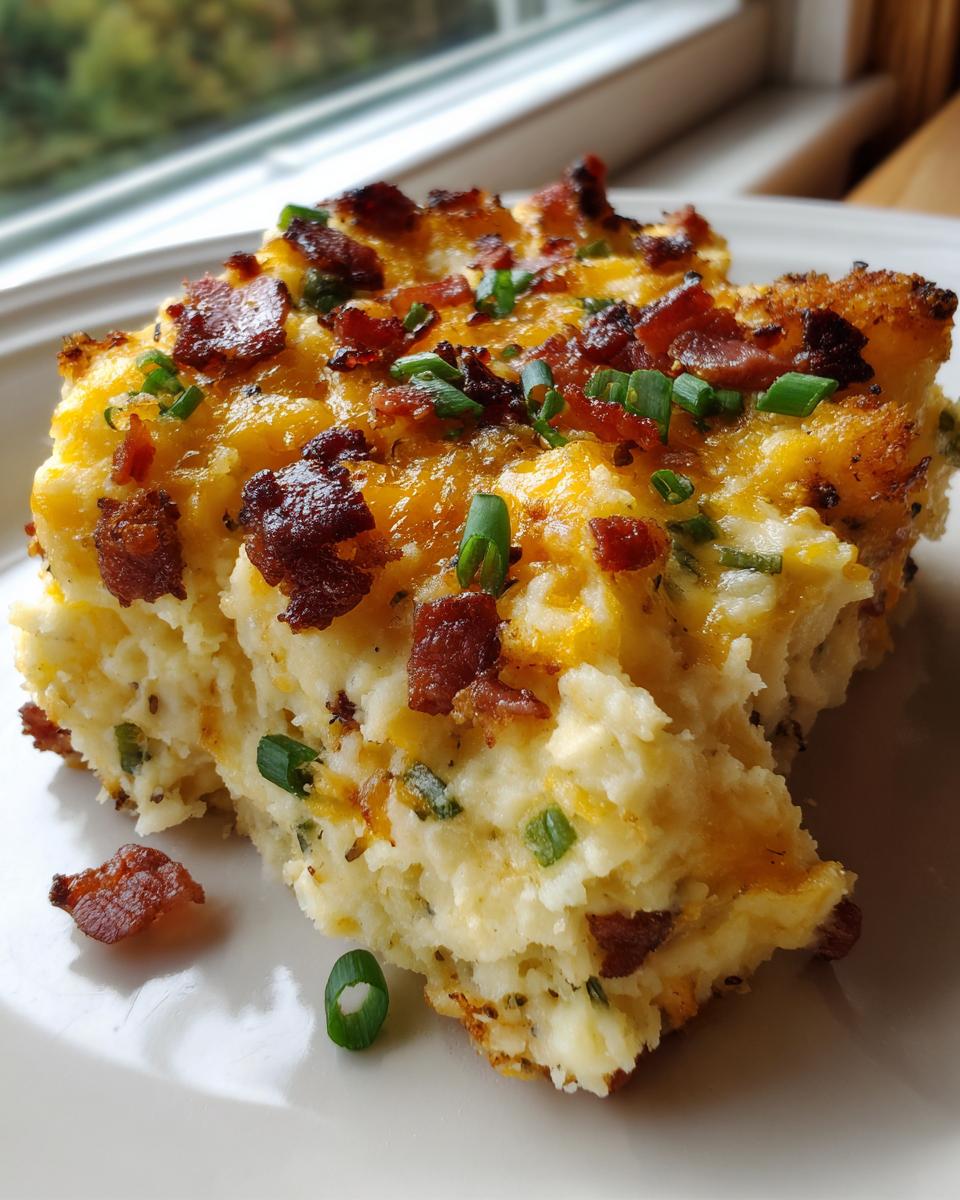 A thick slice of loaded mashed potato casserole topped with melted cheddar cheese, crispy bacon bits, and fresh chives.