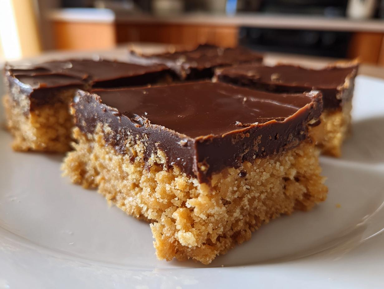 Close-up of several squares of rich lunch lady peanut butter bars topped with smooth, glossy chocolate frosting.