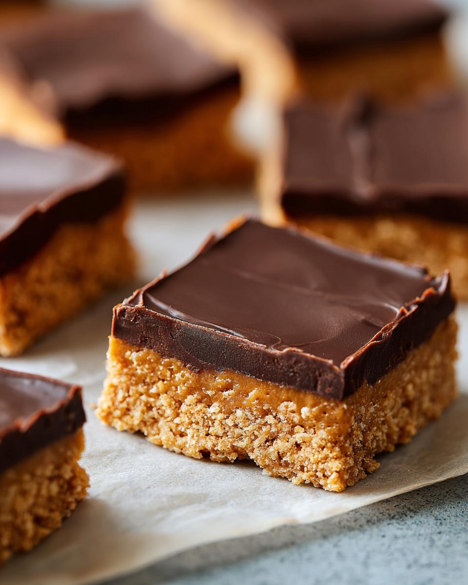 A close-up of a square lunch lady peanut butter bars piece showing the crumbly base and thick chocolate topping.