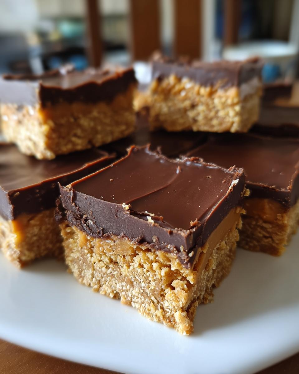 Close-up of several rich lunch lady peanut butter bars stacked on a white plate, featuring a crumbly base, peanut butter layer, and chocolate topping.